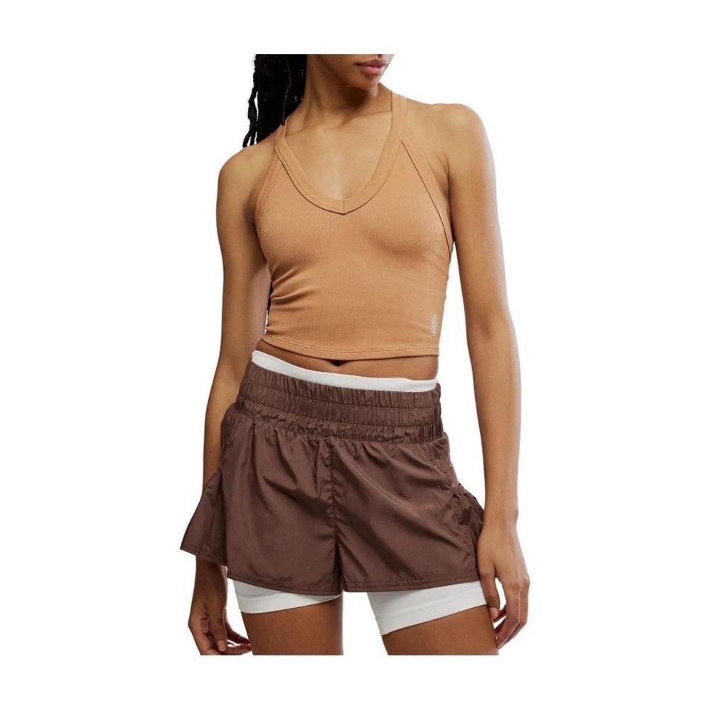 Free People Cami Tank Top Women M/L Brown All Clear V Neck Ribbed Racerback